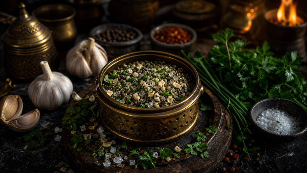 Garlic Herb Sprinkle presented on a dark fantasy Spice Market workbench