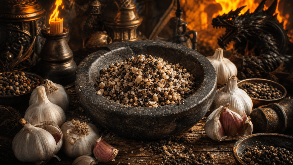 Garlic Pepper Mix presented on a dark fantasy Spice Market workbench