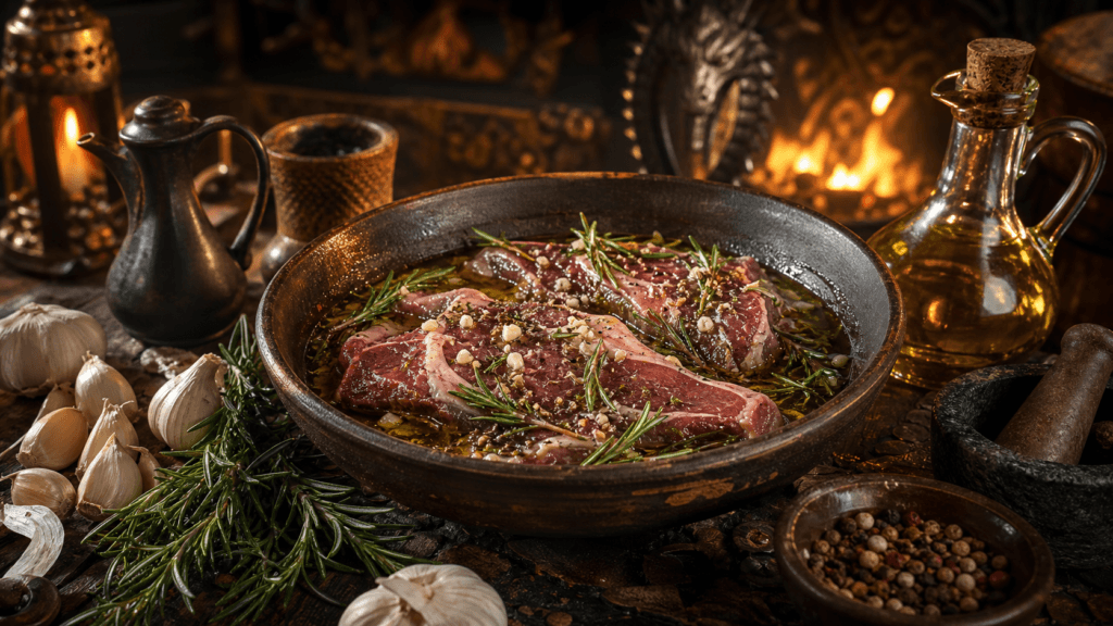 Garlic Rosemary Lamb Marinade presented on a dark fantasy Spice Market workbench