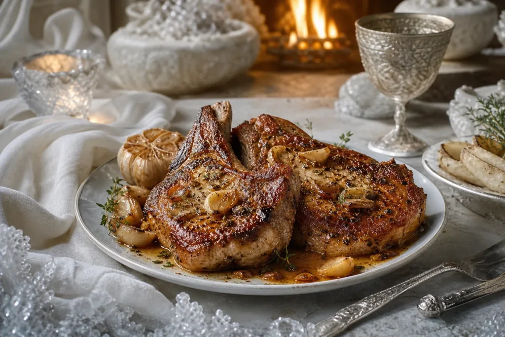 Glacier Garlic Pork Chops served in a warm-lit White Dragon winter hall