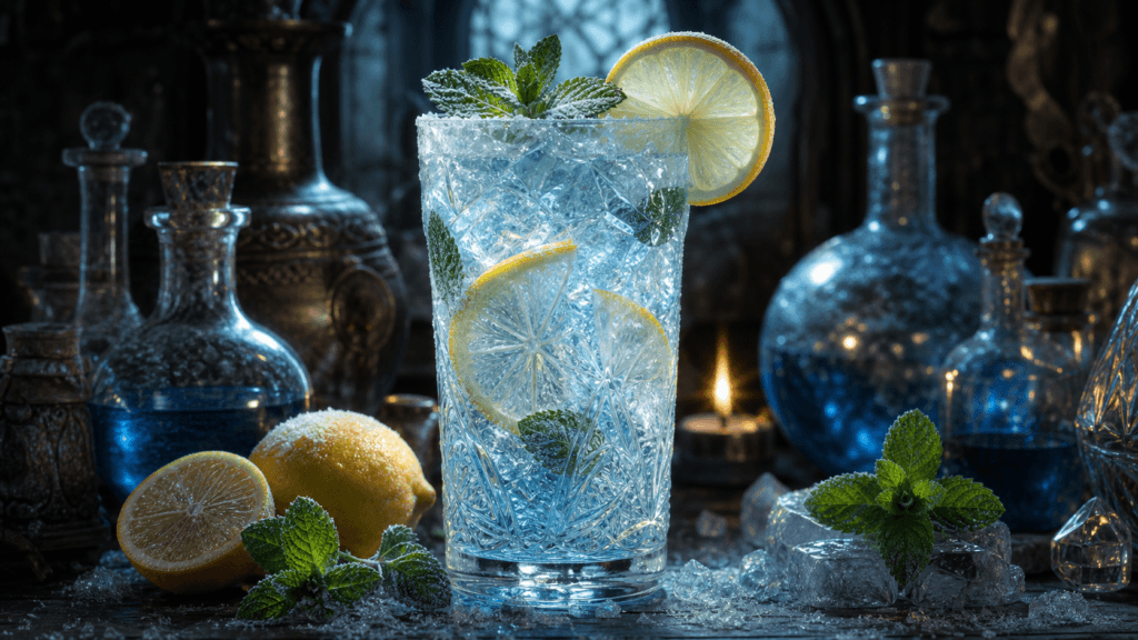 Glacier Lemonade with lemon, mint and frost crystals