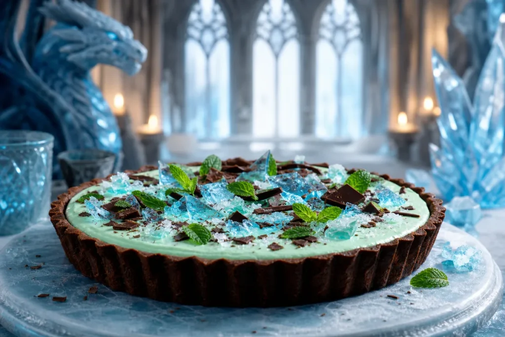 Glacier Mint Chocolate Tart served in a candlelit Frost Dragon ice hall
