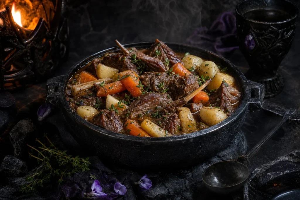 Gloomhollow Lamb & Root Vegetable Hotpot served in a firelit Black Dragon obsidian tavern