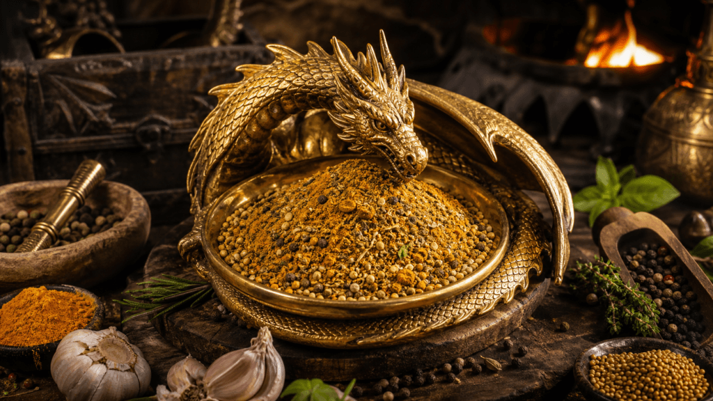 Gold Dragon Roast Rub presented on a dark fantasy Spice Market workbench