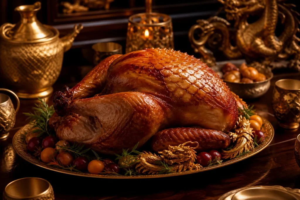 Golden Dragon Banquet Turkey presented at a Gold Dragon royal banquet