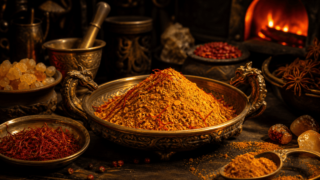Golden Ember presented on a dark fantasy Spice Market workbench
