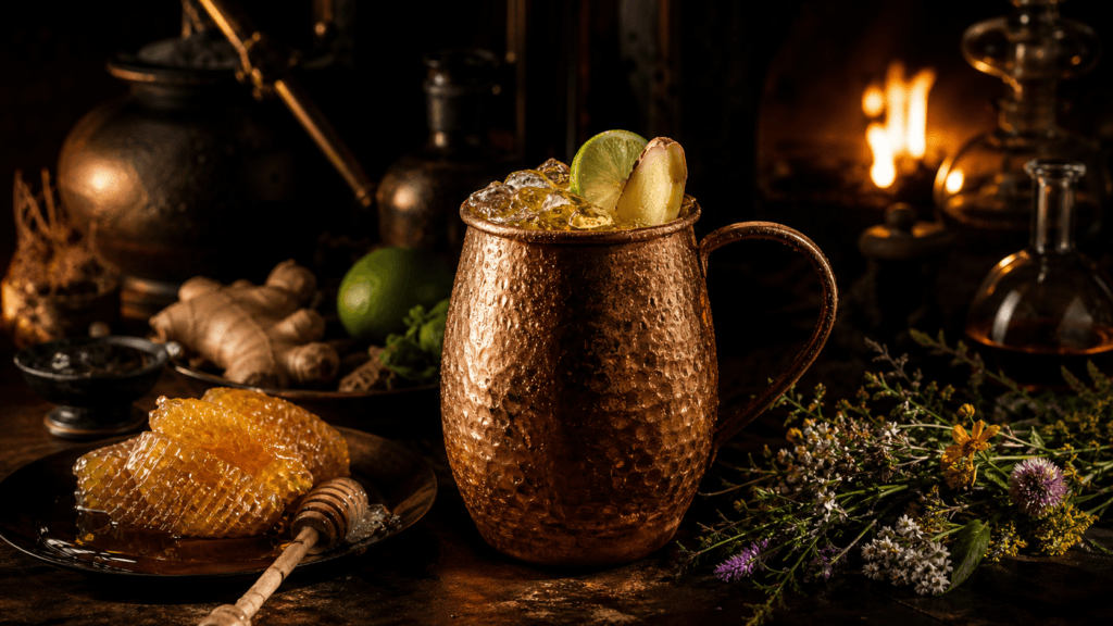 Golden Mead Mule with honey, ginger and lime in a copper tankard