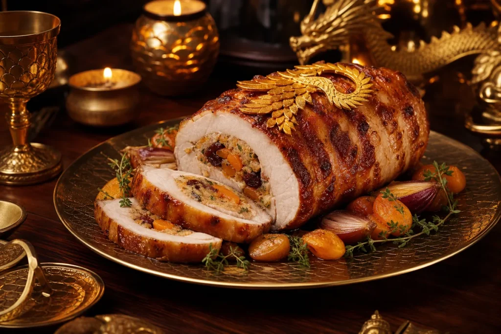Golden Phoenix Stuffed Pork Loin presented at a Gold Dragon royal banquet