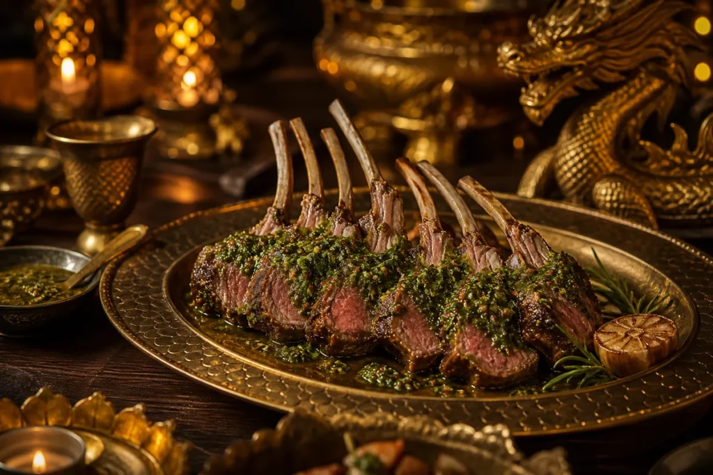 Golden Plains Chimichurri Lamb presented at a Gold Dragon royal banquet