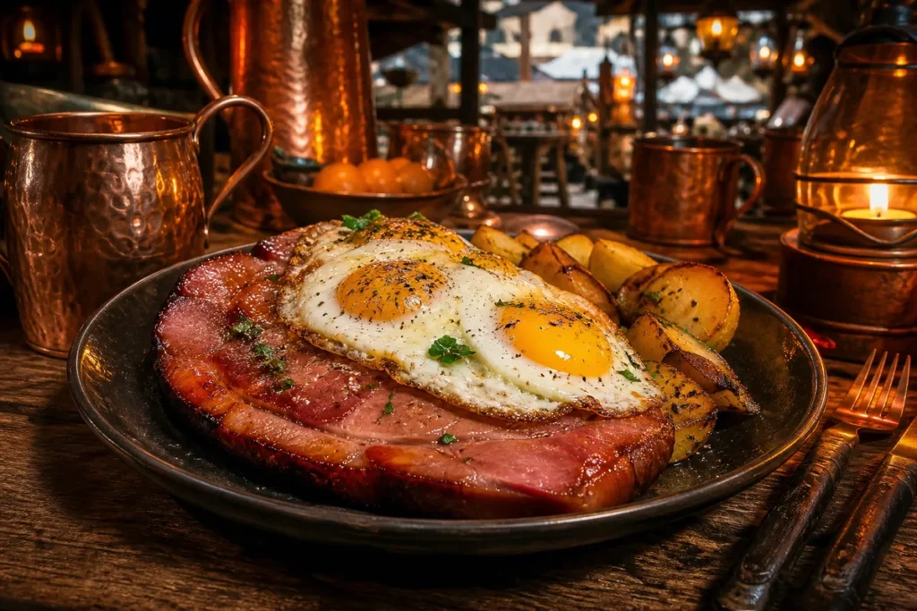 Golden Tankard Gammon & Eggs served in a Copper Dragon market tavern