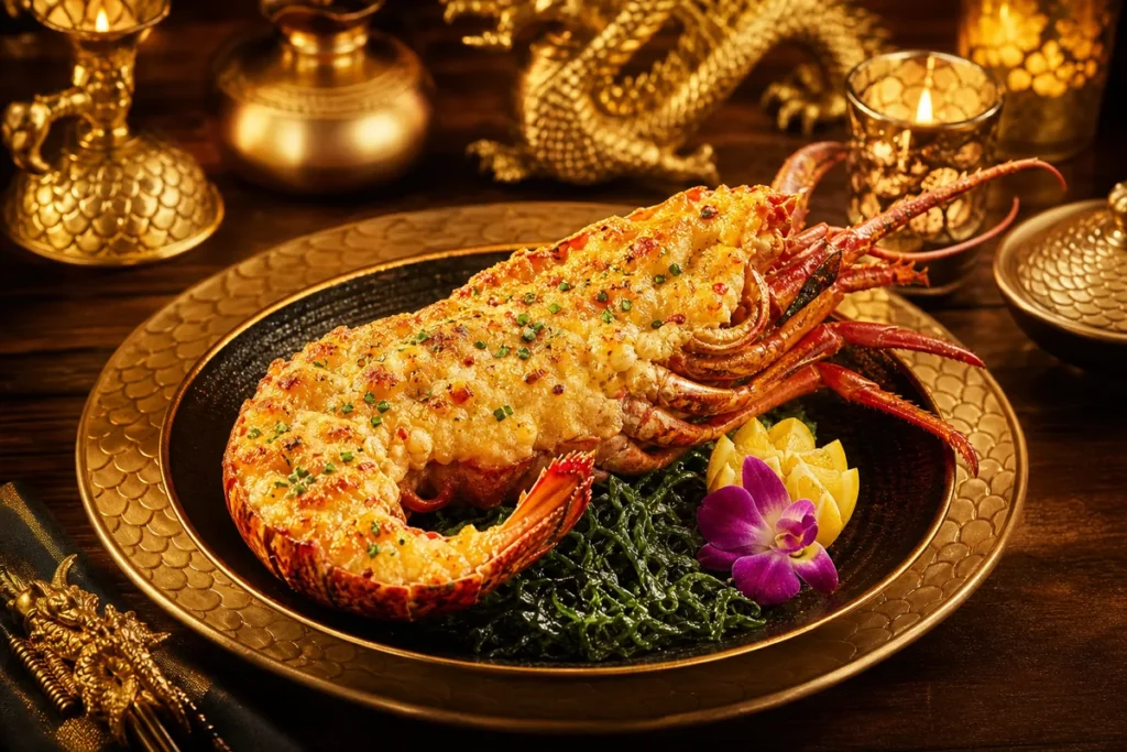 Golden Treasury Seafood Thermidor presented at a Gold Dragon royal banquet