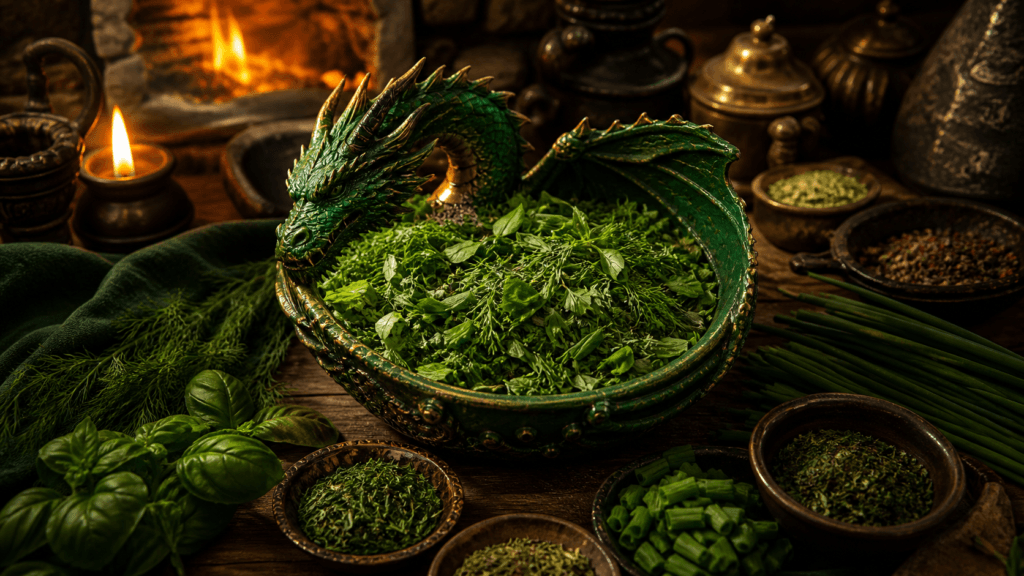 Green Dragon Garden Blend presented on a dark fantasy Spice Market workbench