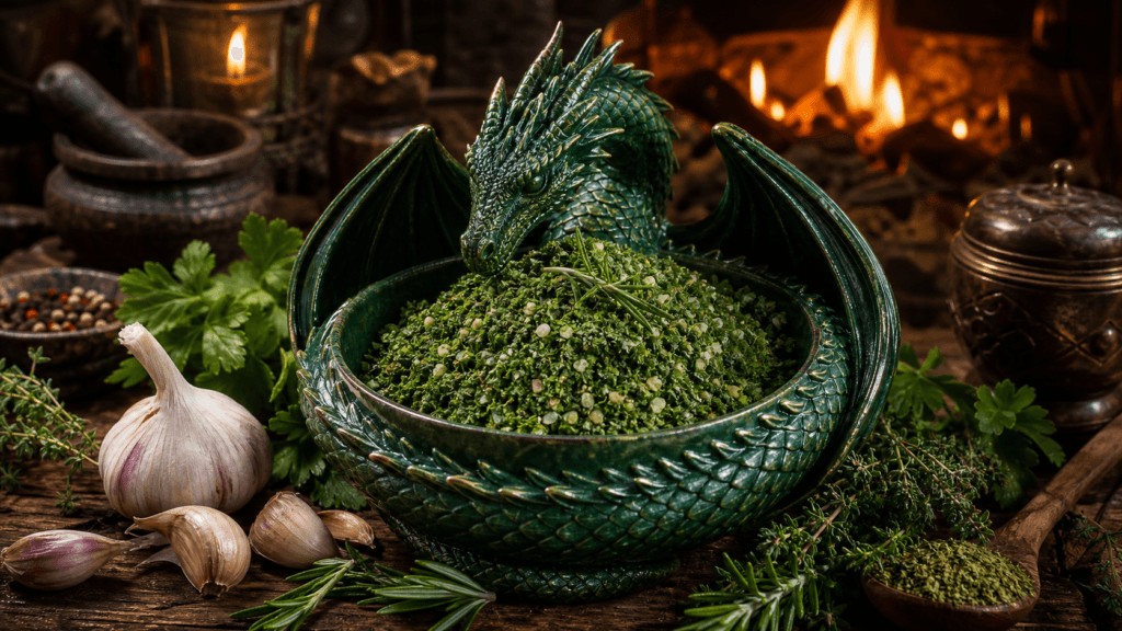 Green Dragon Herb Rub presented on a dark fantasy Spice Market workbench