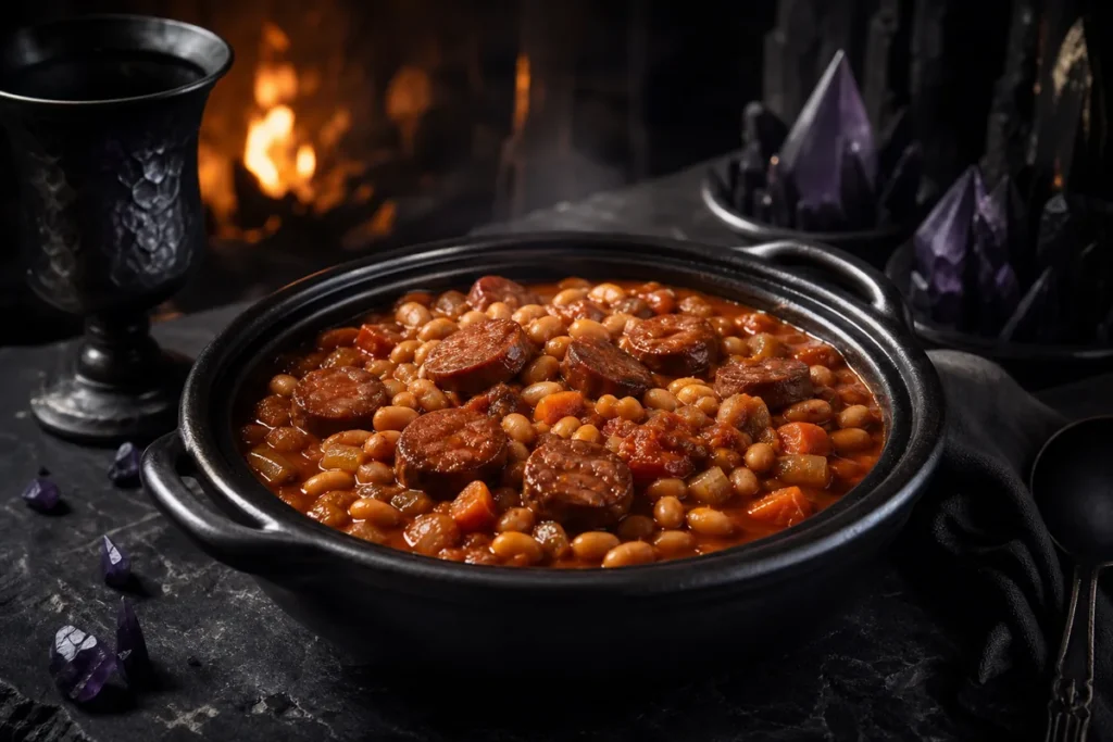 Grimfen Sausage & Bean Cassarole served in a firelit Black Dragon obsidian tavern