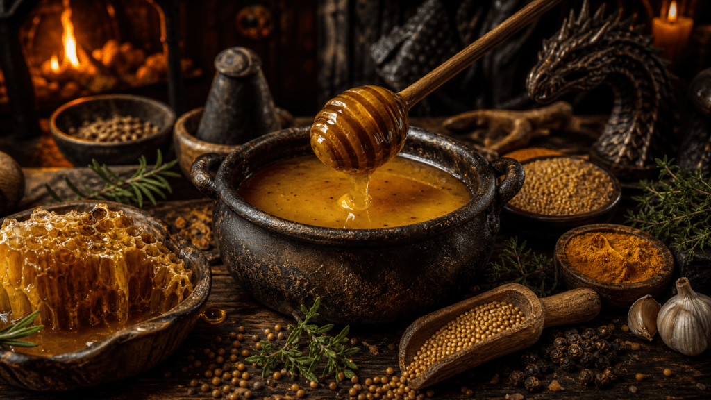 Honey Mustard Glaze presented on a dark fantasy Spice Market workbench