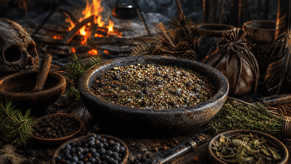 Hunter’s Campfire Blend presented on a dark fantasy Spice Market workbench