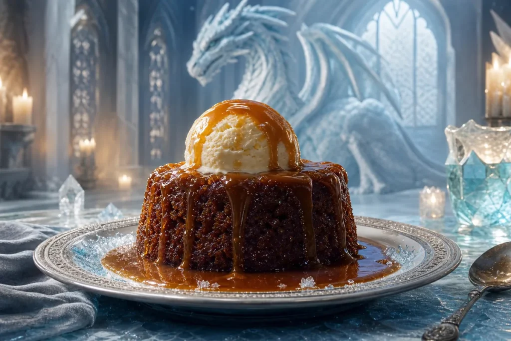 Iceveil Sticky Toffee Pudding served in a candlelit Frost Dragon ice hall