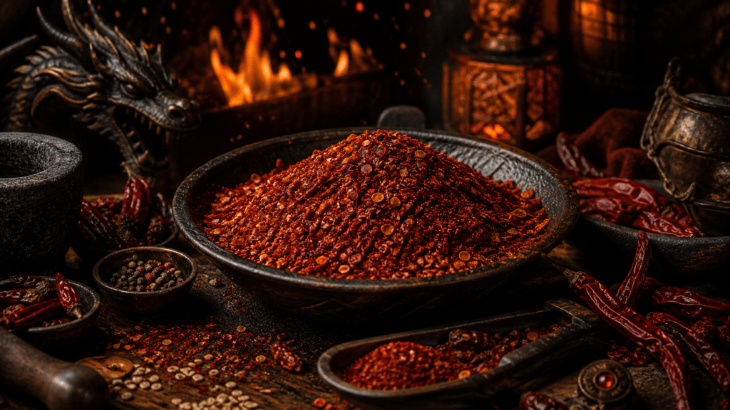 Inferno Chilli Rub presented on a dark fantasy Spice Market workbench