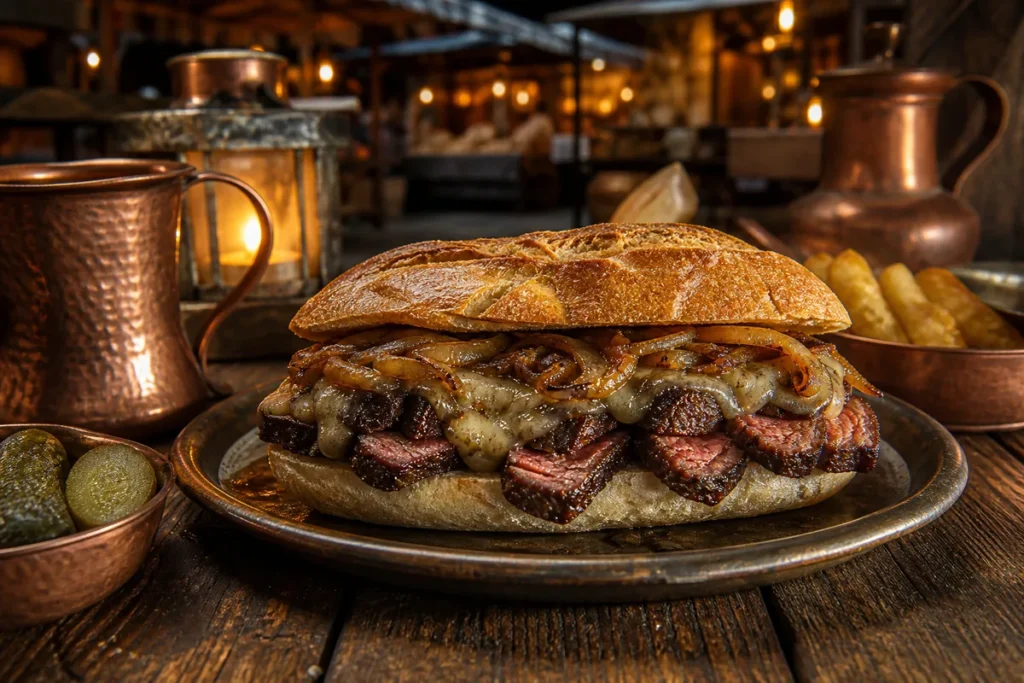 Iron Tankard Steak Sandwich served in a Copper Dragon market tavern