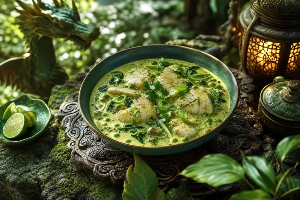 Jade Monsoon Coconut Fish Curry served in an enchanted Green Dragon woodland feast