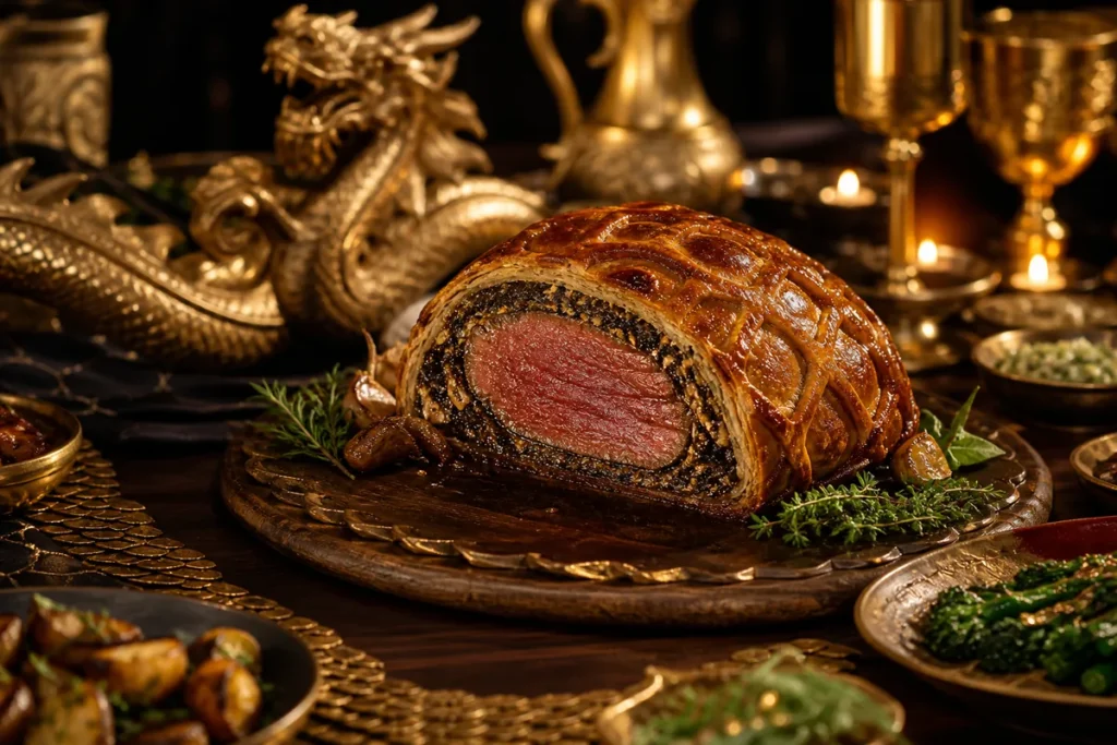 King’s Treasure Beer Beef Wellington presented at a Gold Dragon royal banquet