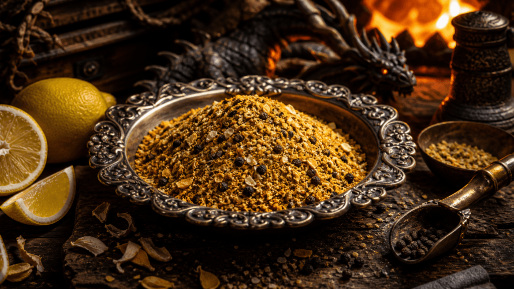 Lemon Pepper Blend presented on a dark fantasy Spice Market workbench