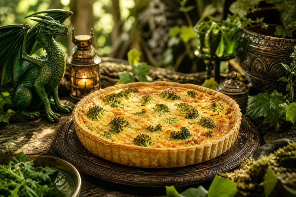 Meadowglen Broccoli & Cheddar Quiche served in an enchanted Green Dragon woodland feast