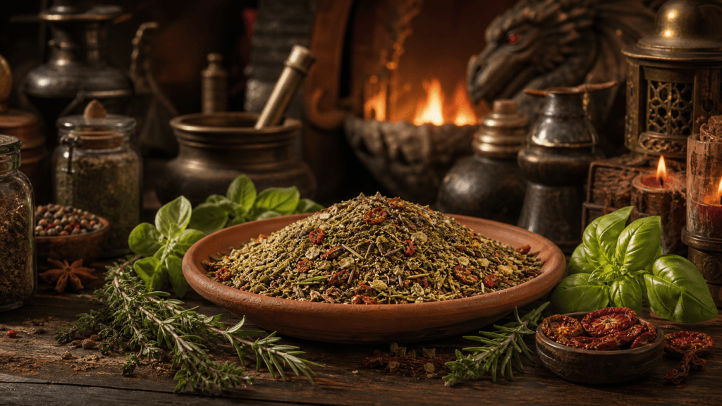 Mediterranean Herb Blend presented on a dark fantasy Spice Market workbench