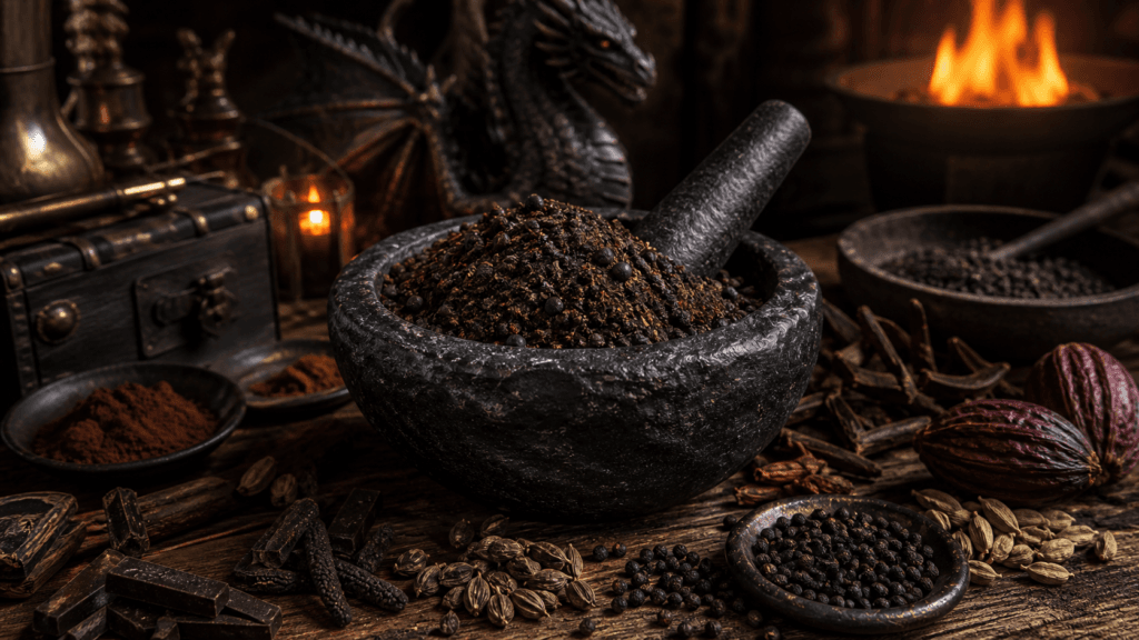 Midnight Earth presented on a dark fantasy Spice Market workbench