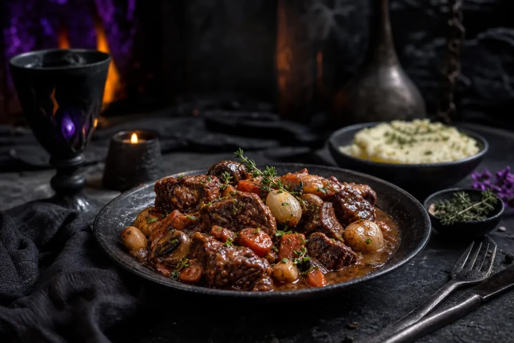 Mirewood Slow-Cooked Beef Bourguignon served in a firelit Black Dragon obsidian tavern