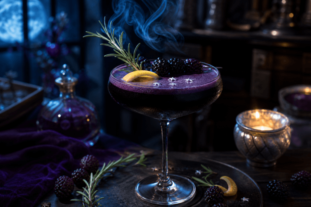 Moonshadow blackberry and vanilla elixir with rosemary smoke beneath cool moonlight