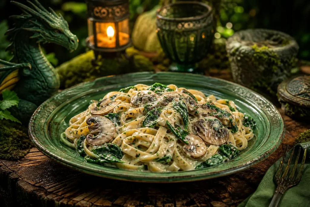 Mosswood Creamy Mushroom & Spinach Pasta served in an enchanted Green Dragon woodland feast