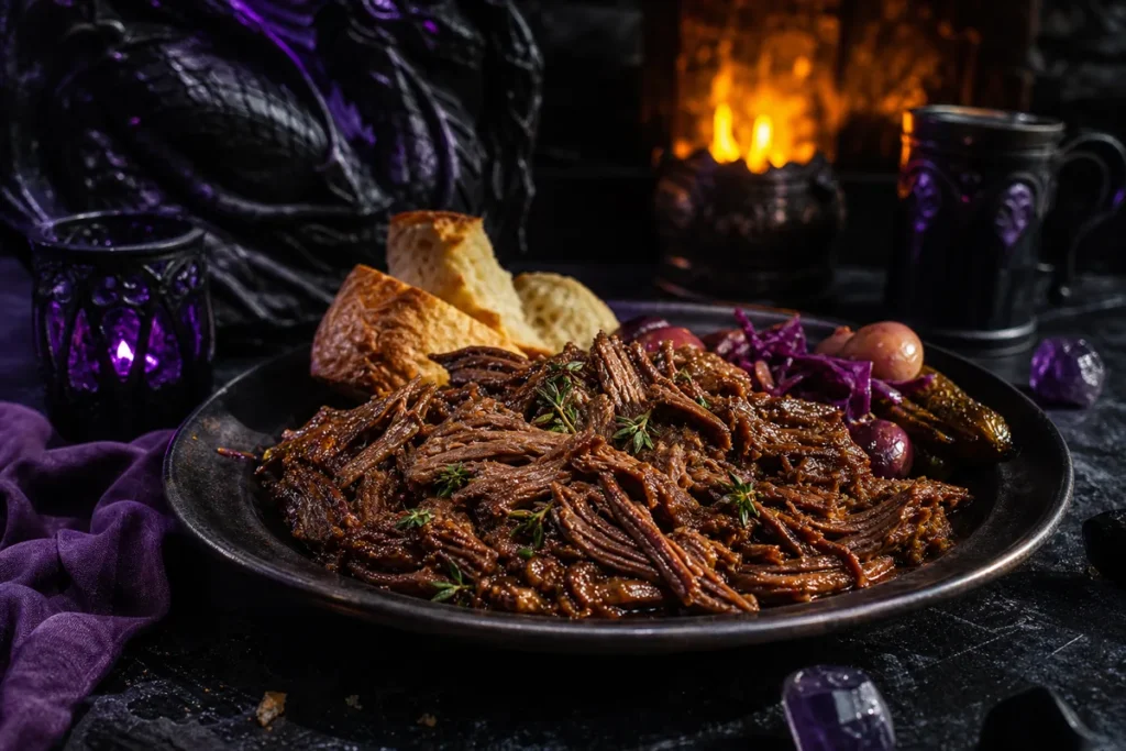 Nightshade Tavern Pulled Beef served in a firelit Black Dragon obsidian tavern