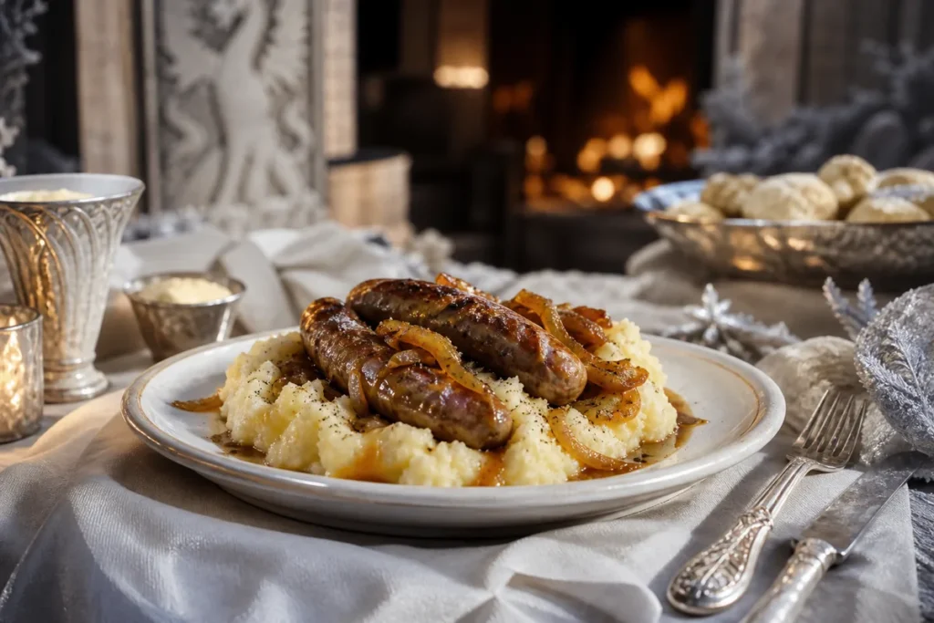 Northwatch Sausage & Mash served in a warm-lit White Dragon winter hall