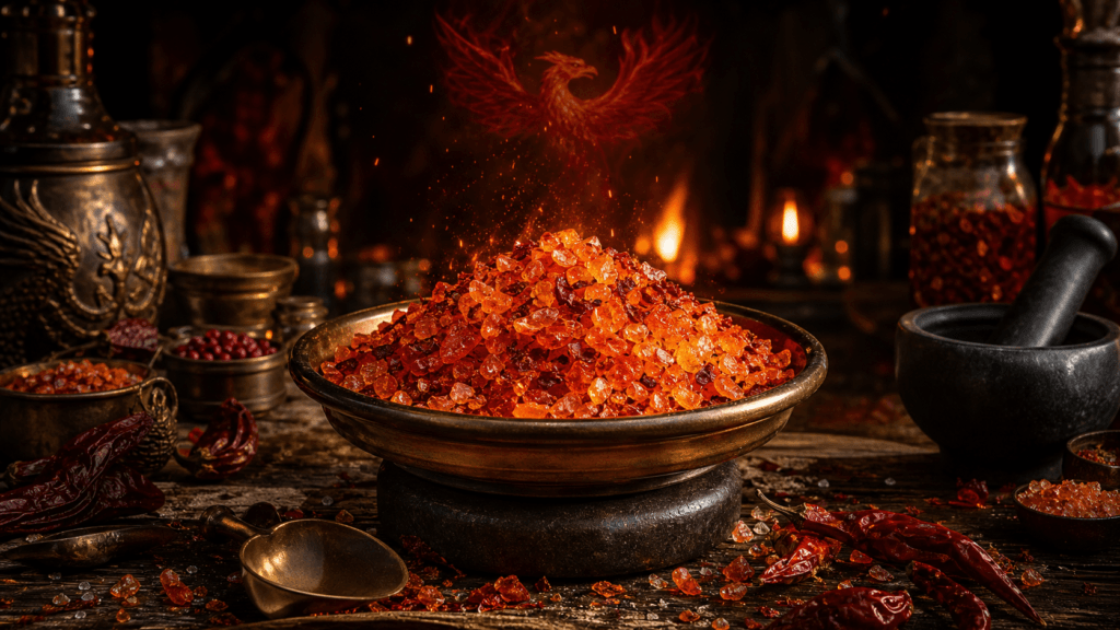 Phoenix Salt presented on a dark fantasy Spice Market workbench