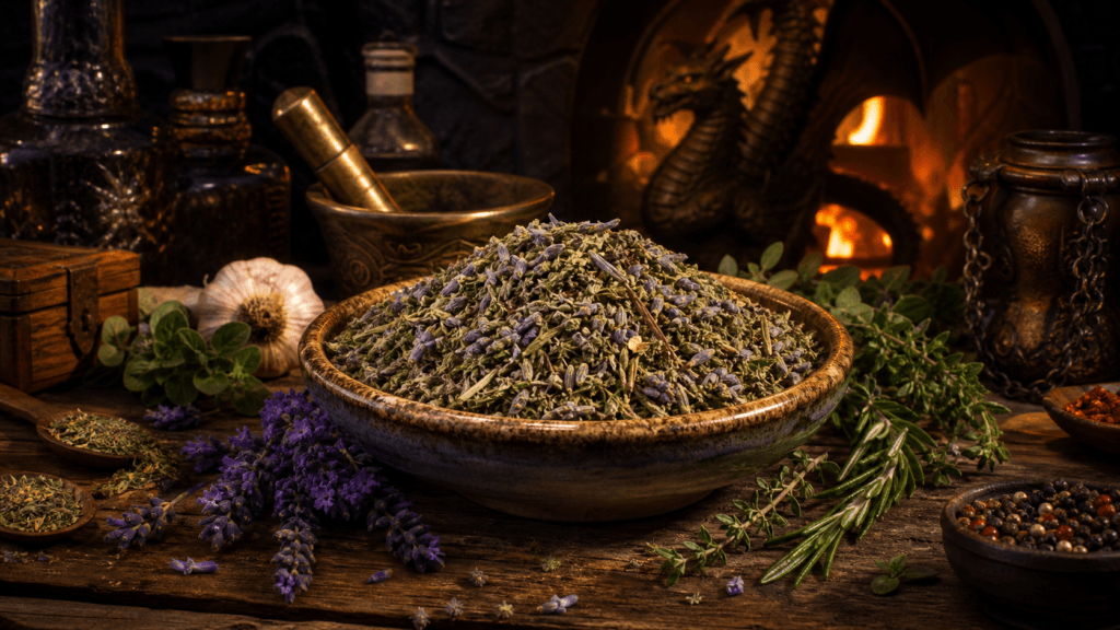 Provençal Herb Blend presented on a dark fantasy Spice Market workbench