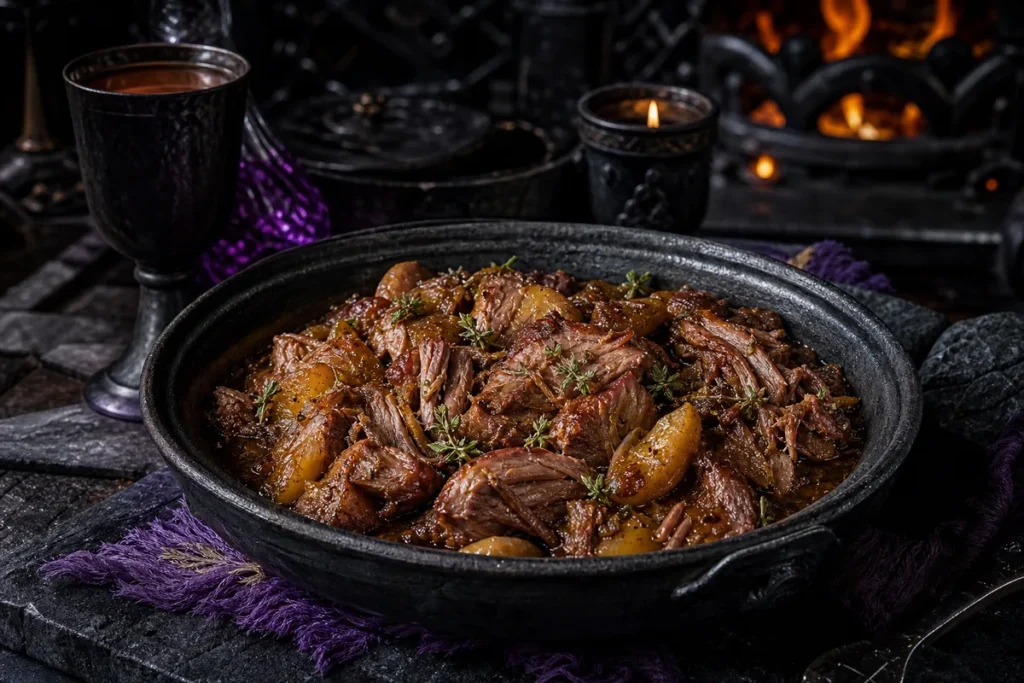 Ravenmoor Slow-Cooked Pork & Cider served in a firelit Black Dragon obsidian tavern