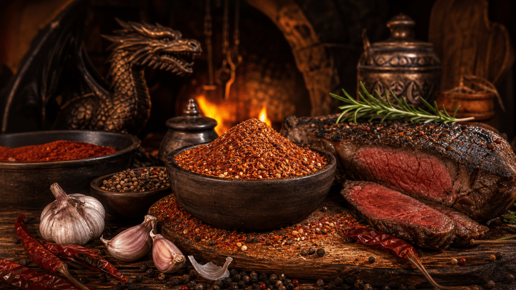 Red Dragon Steak Rub presented on a dark fantasy Spice Market workbench