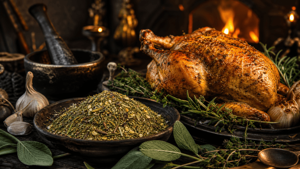 Roast Chicken Herb Blend presented on a dark fantasy Spice Market workbench