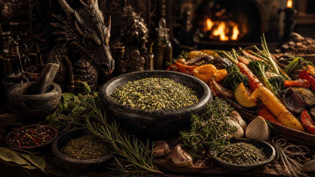 Roast Vegetable Herb presented on a dark fantasy Spice Market workbench