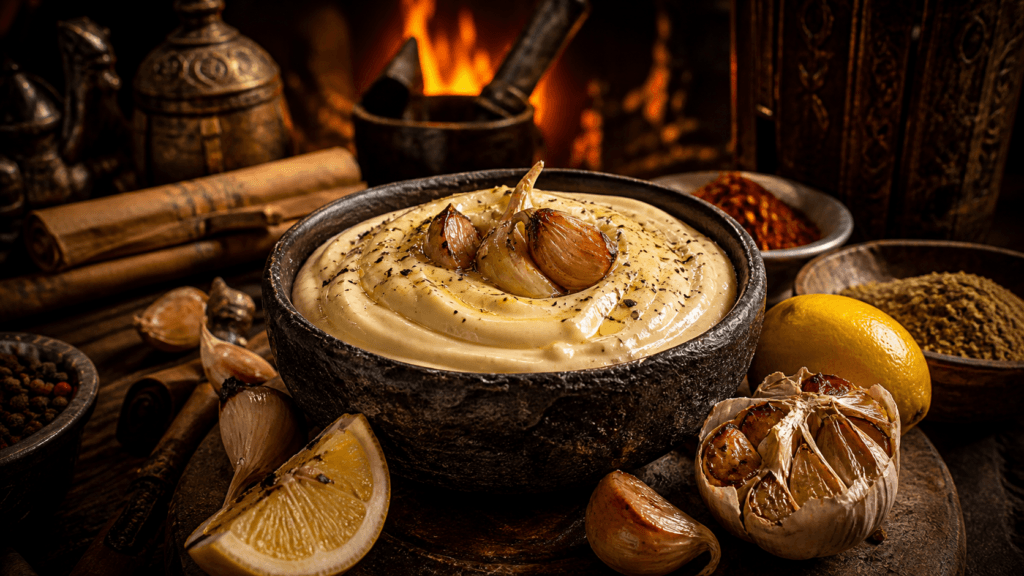 Roasted Garlic Aioli presented on a dark fantasy Spice Market workbench