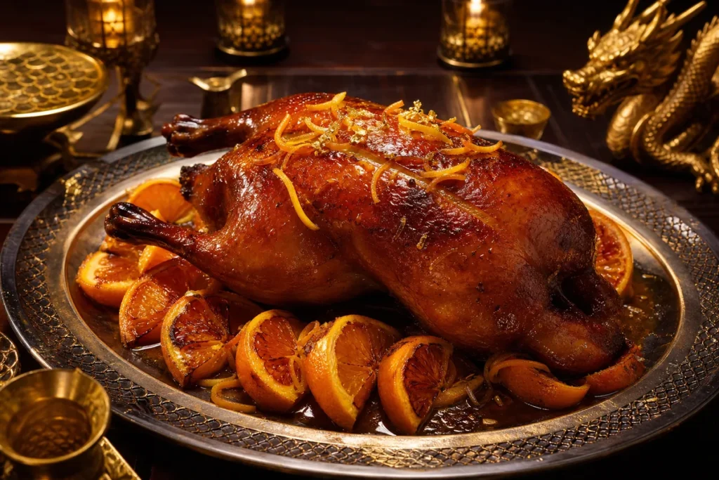 Royal Ember Duck à l’Orange presented at a Gold Dragon royal banquet