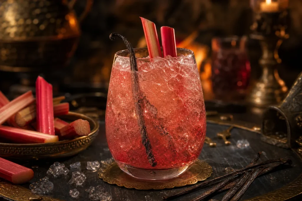 Runestone Rhubarb Vanilla Fizz over crushed ice