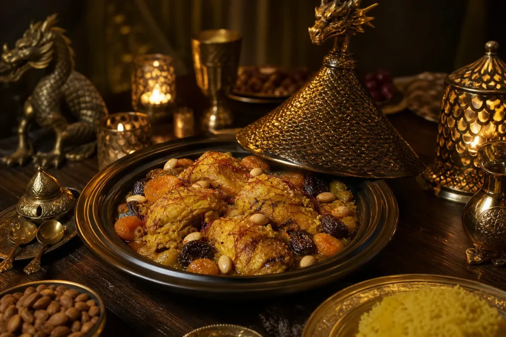 Saffron Citadel Chicken Tagine presented at a Gold Dragon royal banquet