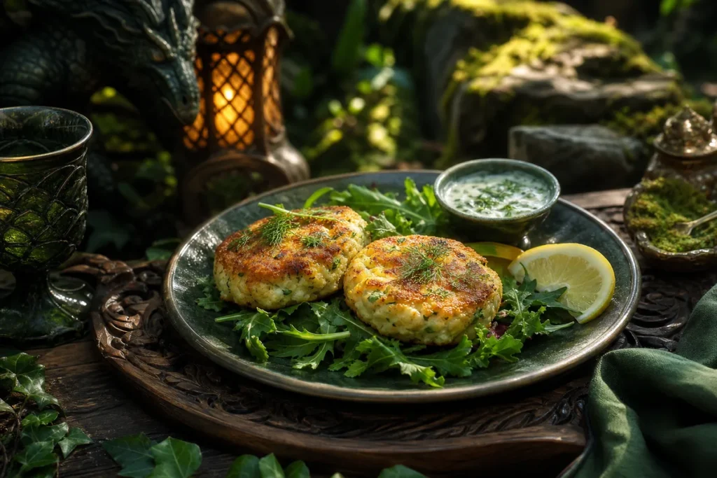 Seastone Lemon & Herb Fishcakes served in an enchanted Green Dragon woodland feast