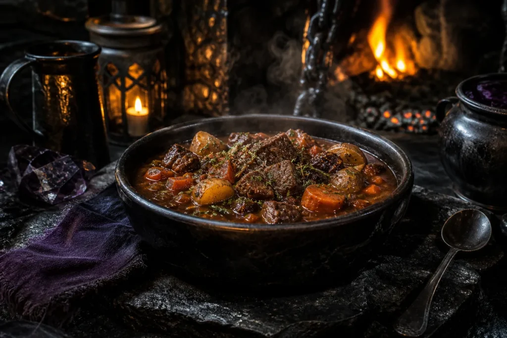 Shadowfen Beef & Ale Stew served in a firelit Black Dragon obsidian tavern