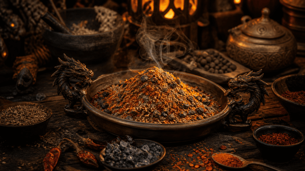 Smoky Seasoning Blend presented on a dark fantasy Spice Market workbench
