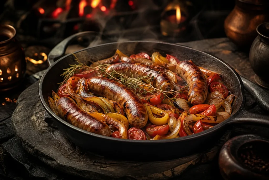 Smouldering Sausage Skillet with peppers, onions and smoky herbs