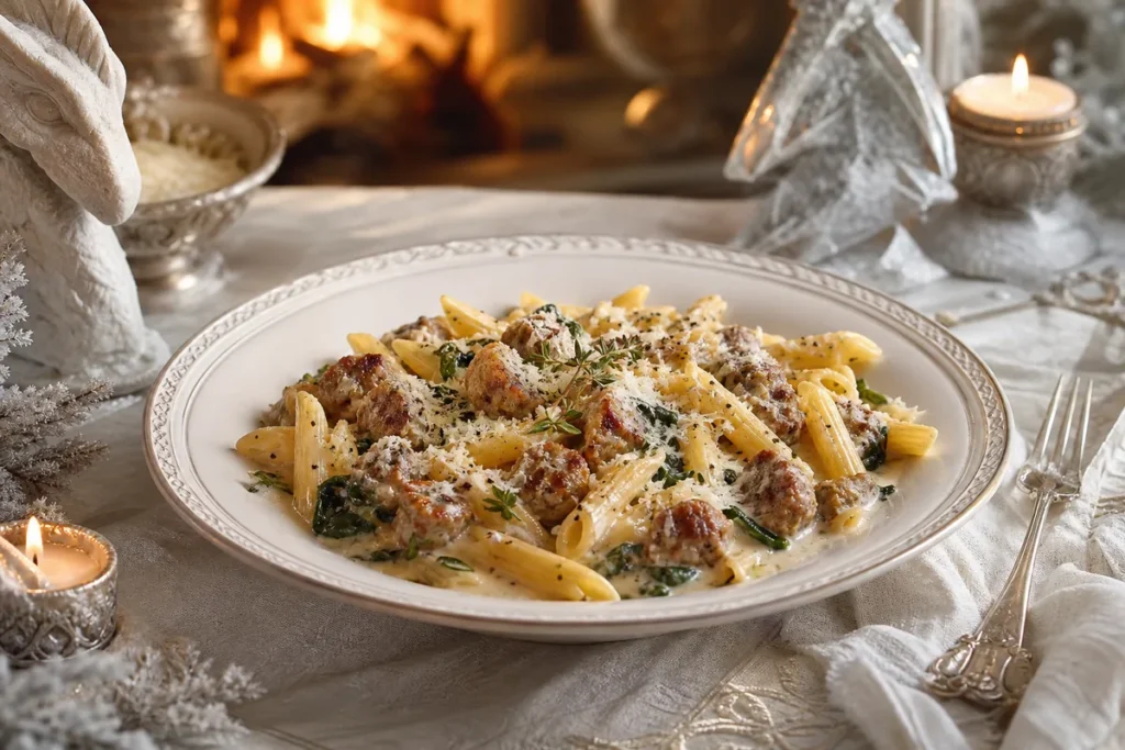 Snowpeak Creamy Sausage Pasta served in a warm-lit White Dragon winter hall