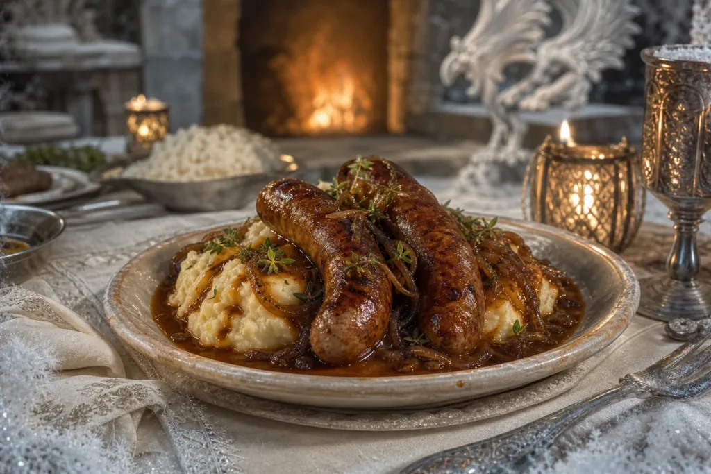Snowveil Ale Sausage & Mash served in a warm-lit White Dragon winter hall